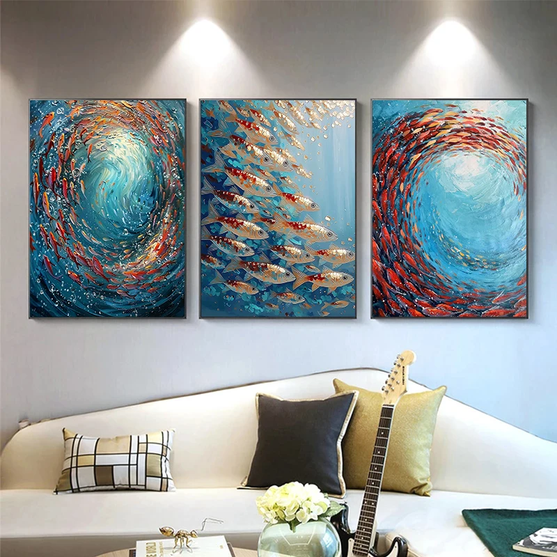 Abstract Underwater School of Fish Oil Posters Turquoise Water Modern Prints Canvas Painting Wall Picture Home Living Room Decor