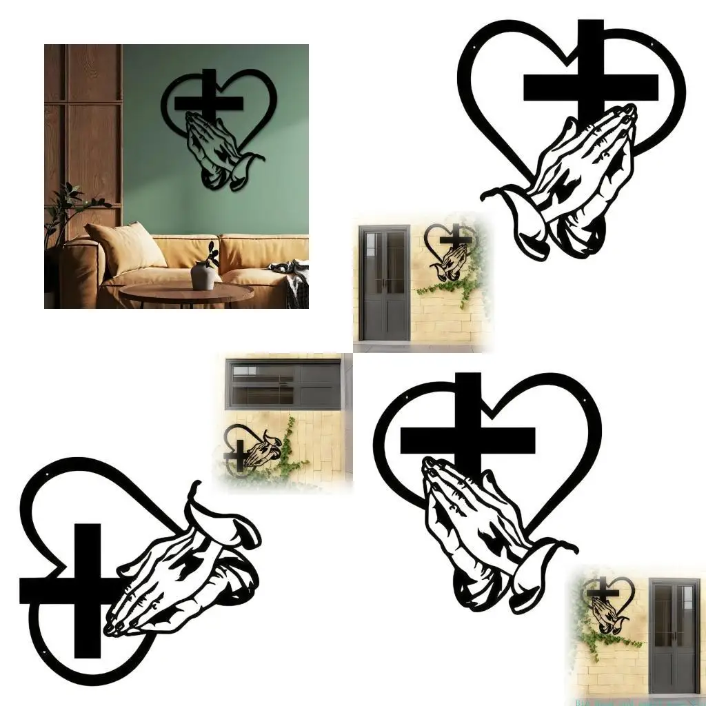 581C Black Metal Wall Crosses Decorated With Heart And Praying Hand Symbol For Christian Households Religious Ornament Gift