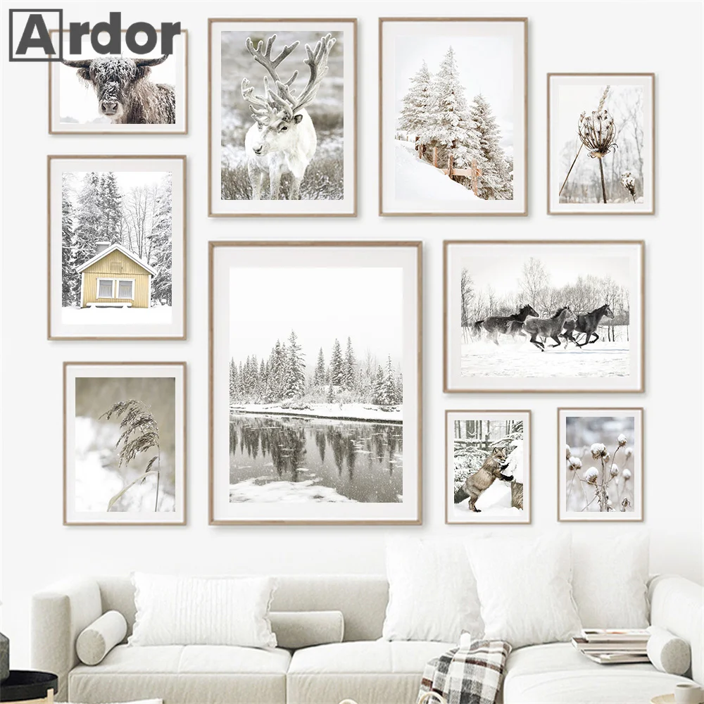 

Winter House Deer Forest River Landscape Wall Art Canvas Painting Nordic Posters and Prints Wall Pictures Living Room Home Decor