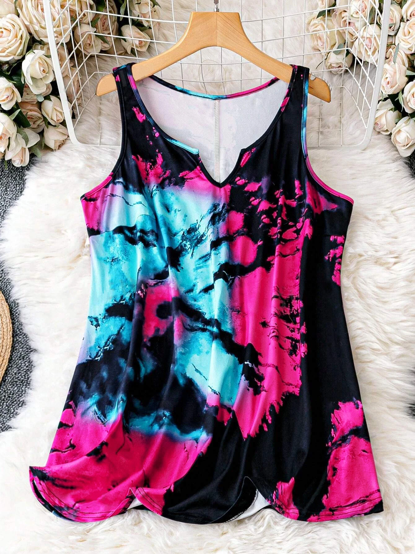 Plus Size Tie Dye  Casual Sleeveless Notched Neck Tank Top