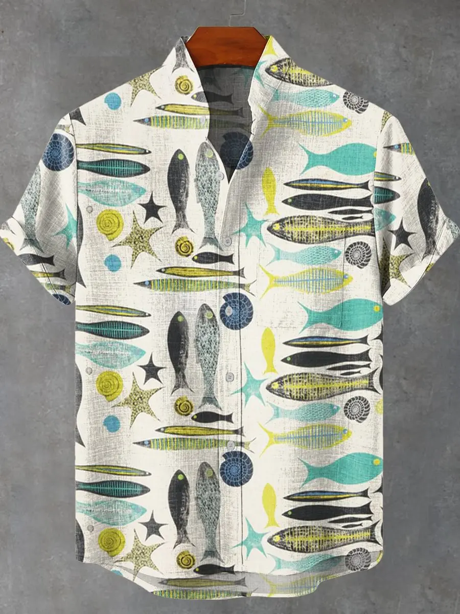 

Men's Short Sleeve Shirt Vintage 3D Fish Pattern Printed Casual Linen Art Shirt 80% Beautiful Summer Style