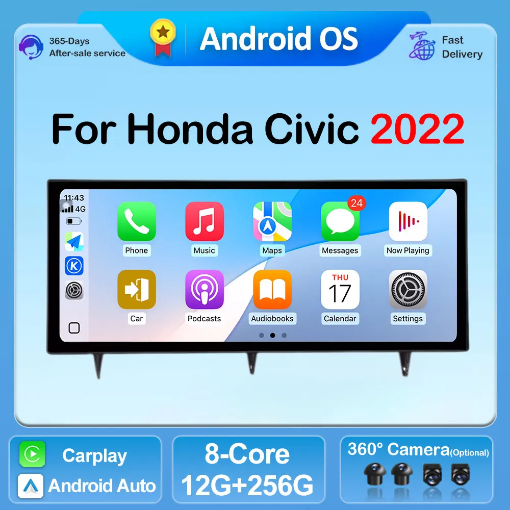 QLED 2400*900P Wireless Carplay 4G Autoradio GPS Navigation For Honda Civic 2022 DSP Stereo  12.3 inch Touch ScreenBluetooth DVR