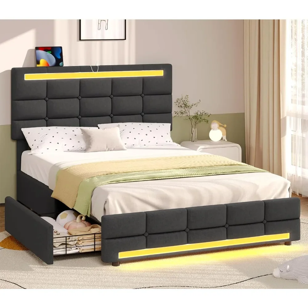 

Twin Size Bed Frame, LED Lights , Upholstered Twin Size Bed with Charging Station, Heavy Duty Wood Slats, Bed Frame