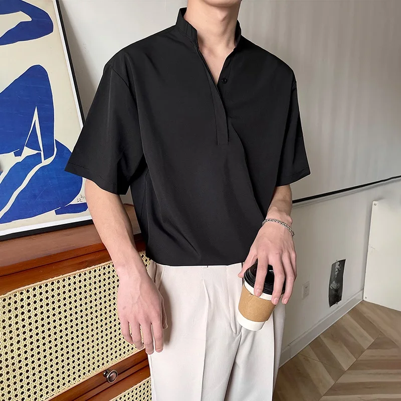 

Мужская футболка из ледяного шелка ort Sve Stand Collar f Sve Summer Youth Faion Stand Fit Pure Color irt