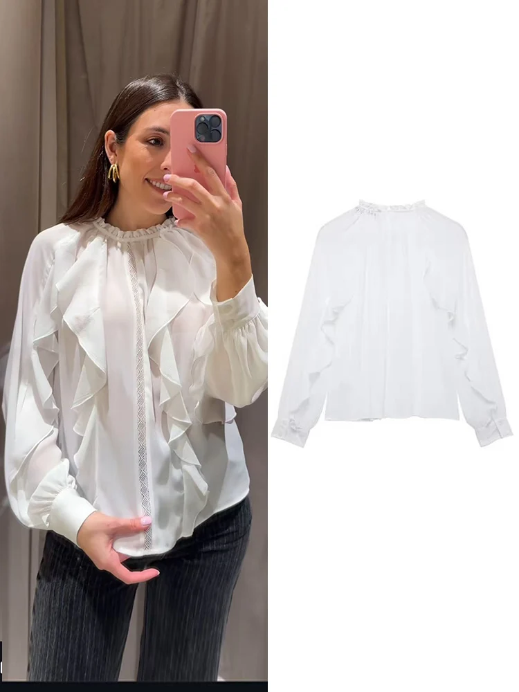 TFMLN New Women's  Sweet Style Blouse Chic Spring Summer Fashion Elegant Tiered Ruffles Long Sleeve Women Solid Blouse Casual