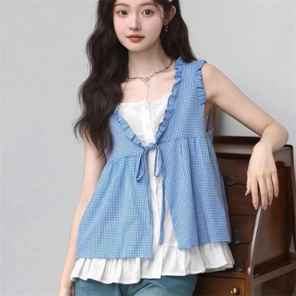Blue Plaid Loose Sleeveless Two-piece Shirt Green Lace Patchwork Short Sleeves Korean Thin Tee Women Ruffle Lace-up Blouse