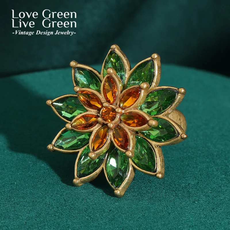 

Vintage Yellow Green Gradient Crystal Flower Ring Lotus Gold Color Luxury Jewelry Woman Quality Designer Gifts Thanksgiving 2026