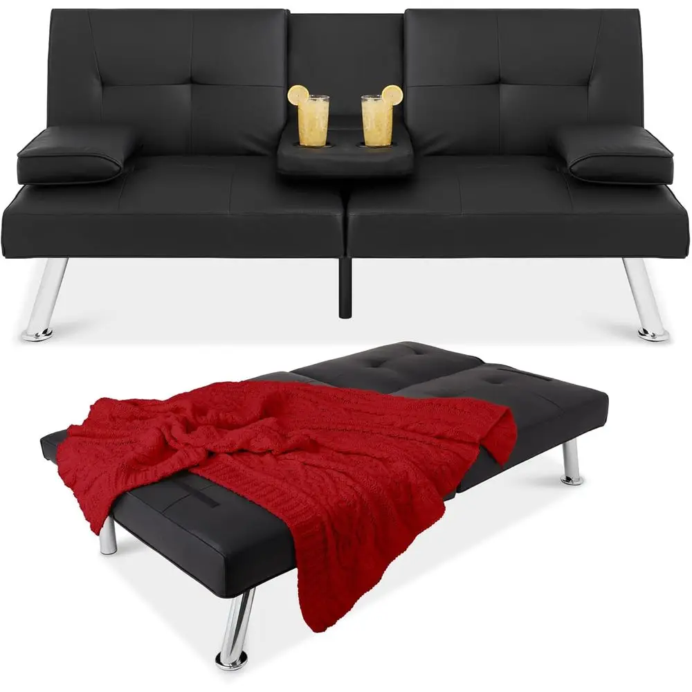 

Black Leather Convertible Couch with Adjustable Bed and Removable Armrests