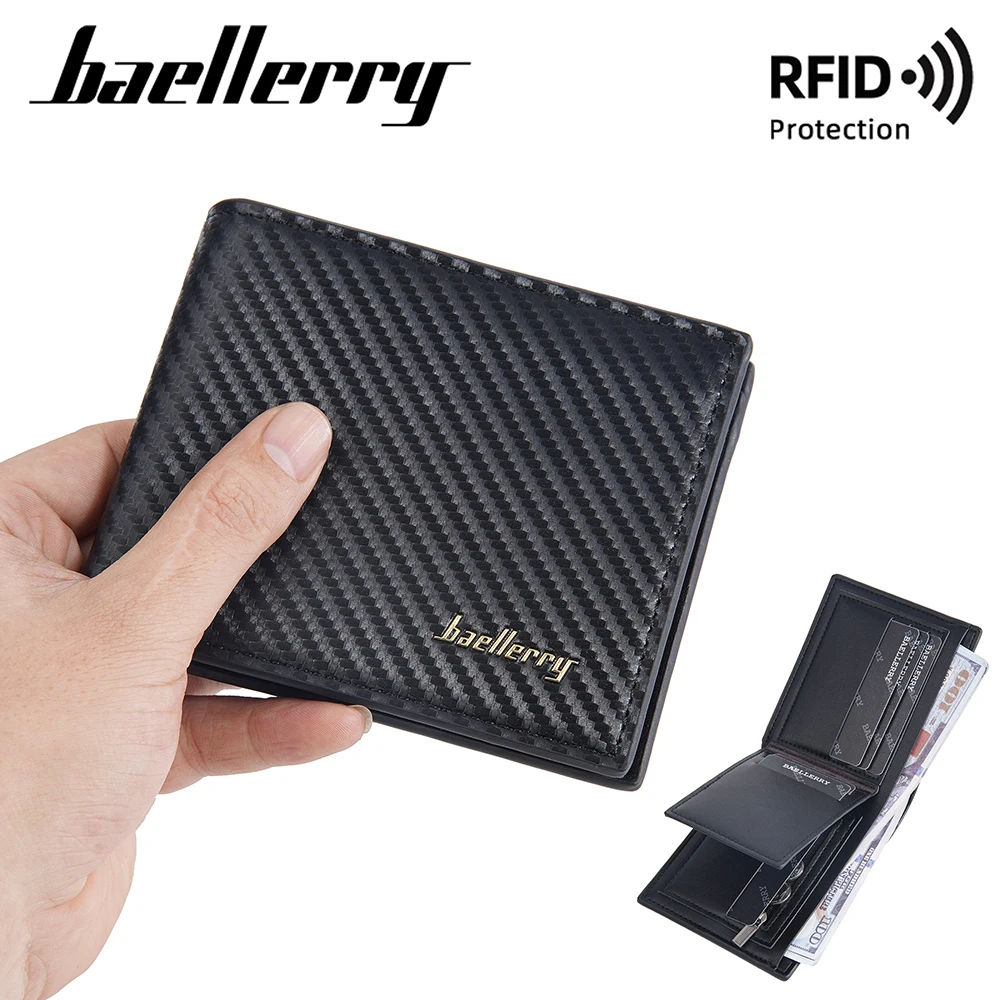 

Baellerry новые короткие мужские кошельки из углеродного волокна, карман для монет на молнии, мужские кошельки высокого качества, роскошный мужской кошелек с держателем для карт