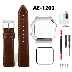 AE1200 Case Mod Kit for Casio 3299 AE-1200 AE-1200wh AE1300 Bezel Glass Stainless Steel Calfskin Vintage Cowhide Watch Strap