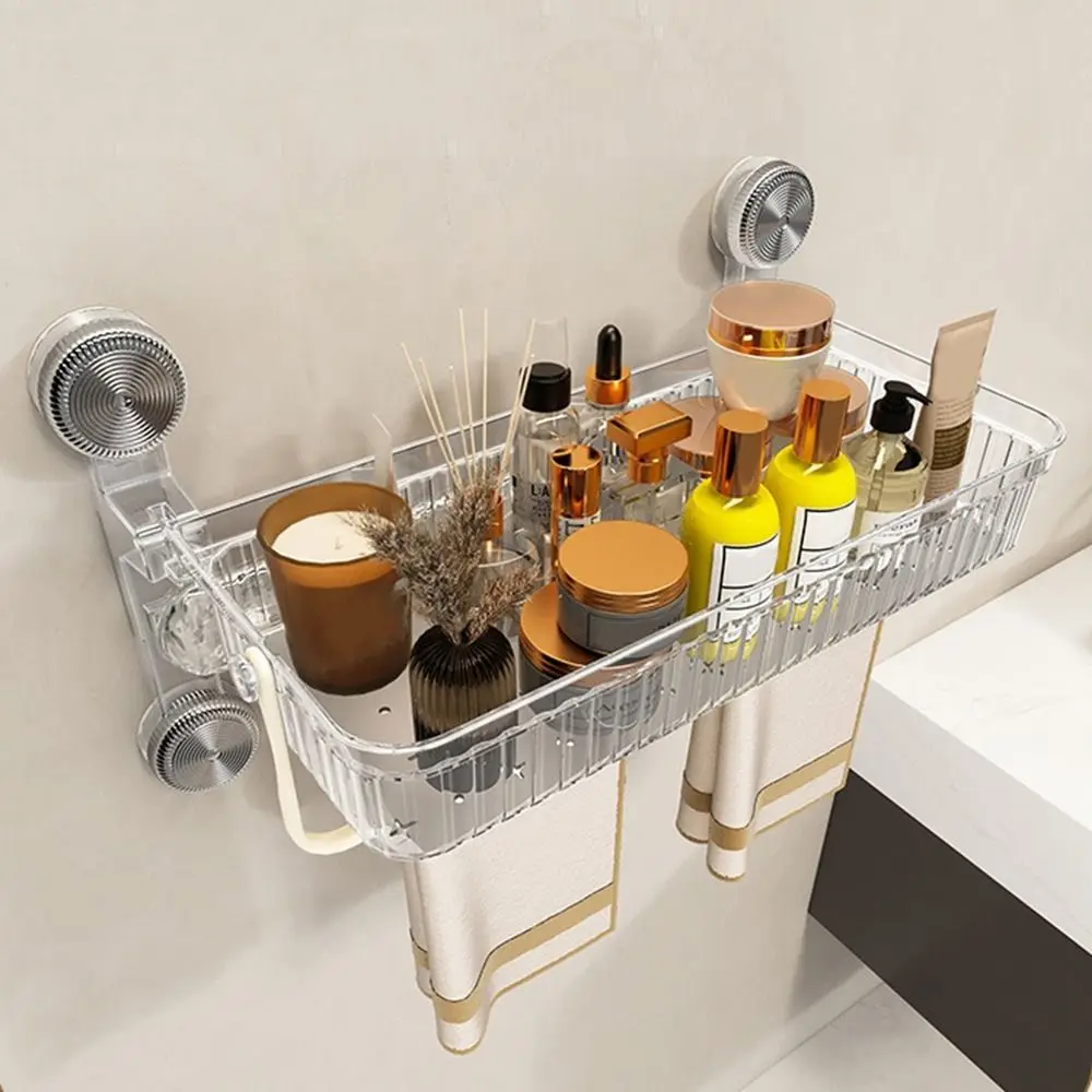 

Wall Mounted Suction Cup Bathroom Shelf Space Saving Plastic Toilet Storage Racks with Towel Shelf and Hooks Large Capacity