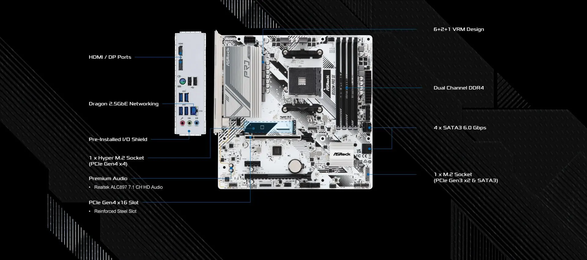 ASRock B550M PRO SE Gaming Desktop Motherboard AMD PRO565 Chipset-Socket AM4-Micro ATX -Ryzen 5, Ryzen 3 Processor Supported view 6