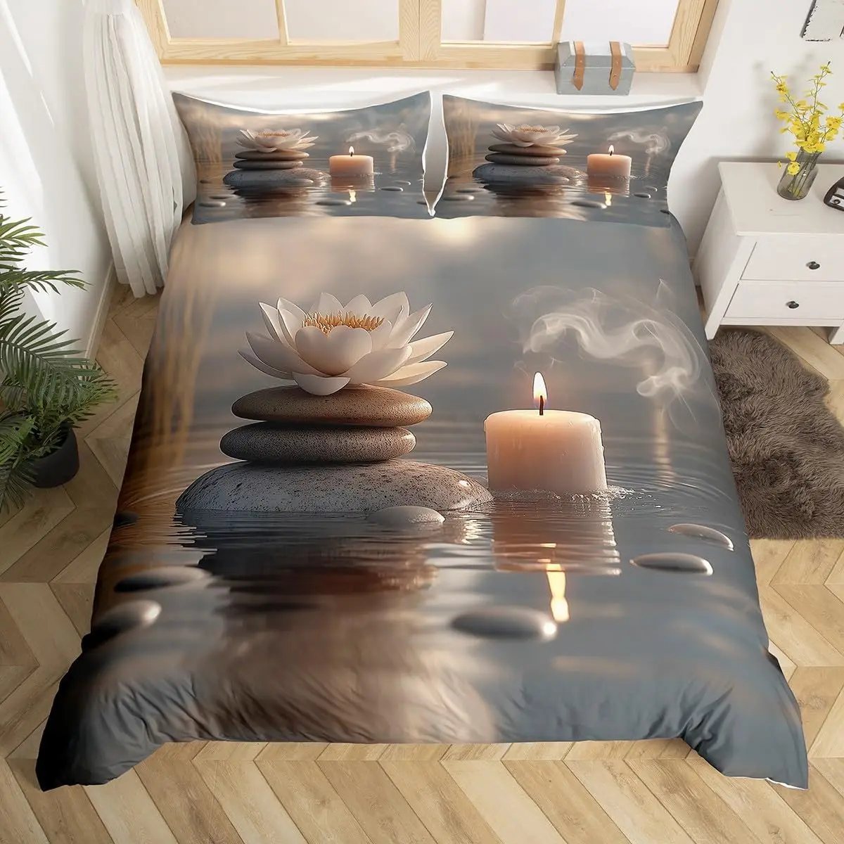 Minimalist Zen Stone Duvet Cover Boho Comforter Cover Purple Flowers Twin Bedding Set,Black Stones Print Bed Set for Girls Woman