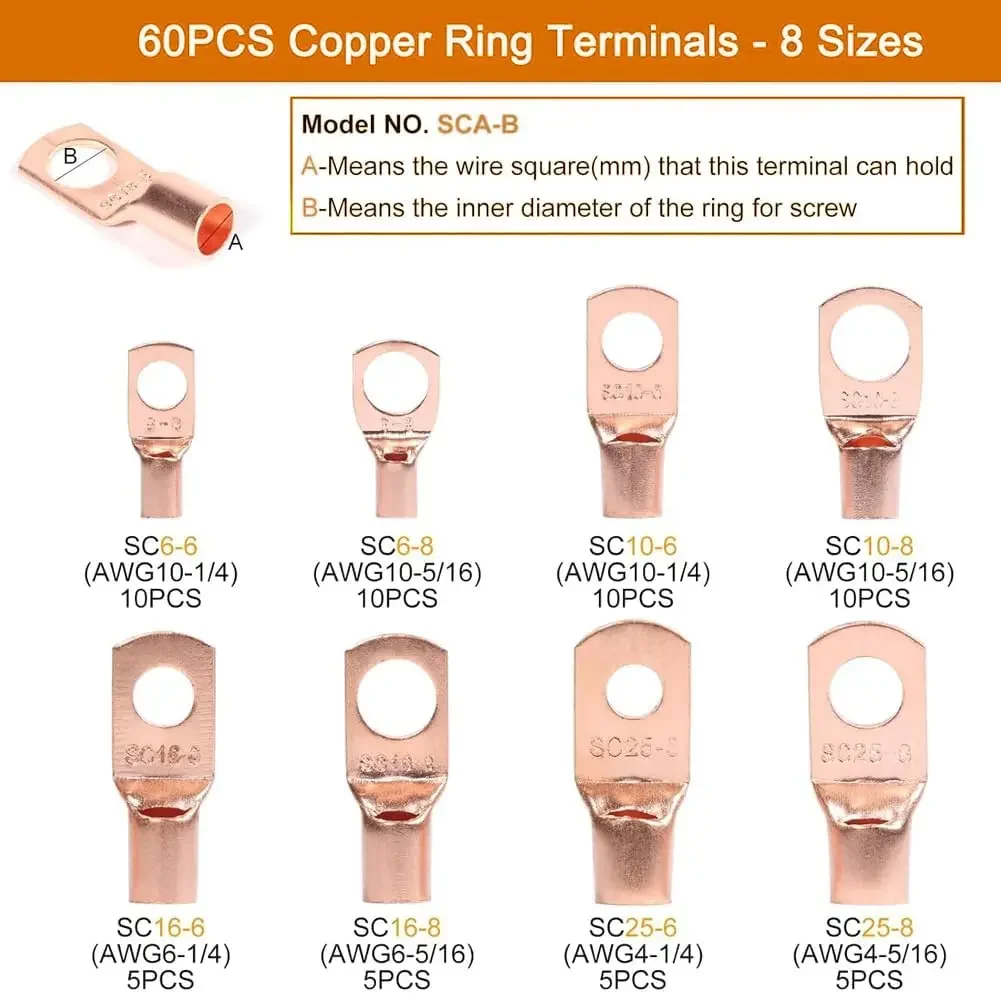 Cable Wire Lug Crimping Tool Kit 10-1 AWG, 8 Sizes 60Pcs Copper Ring Terminals,Terminal Crimper Set for Heavy Duty Wire Lugs