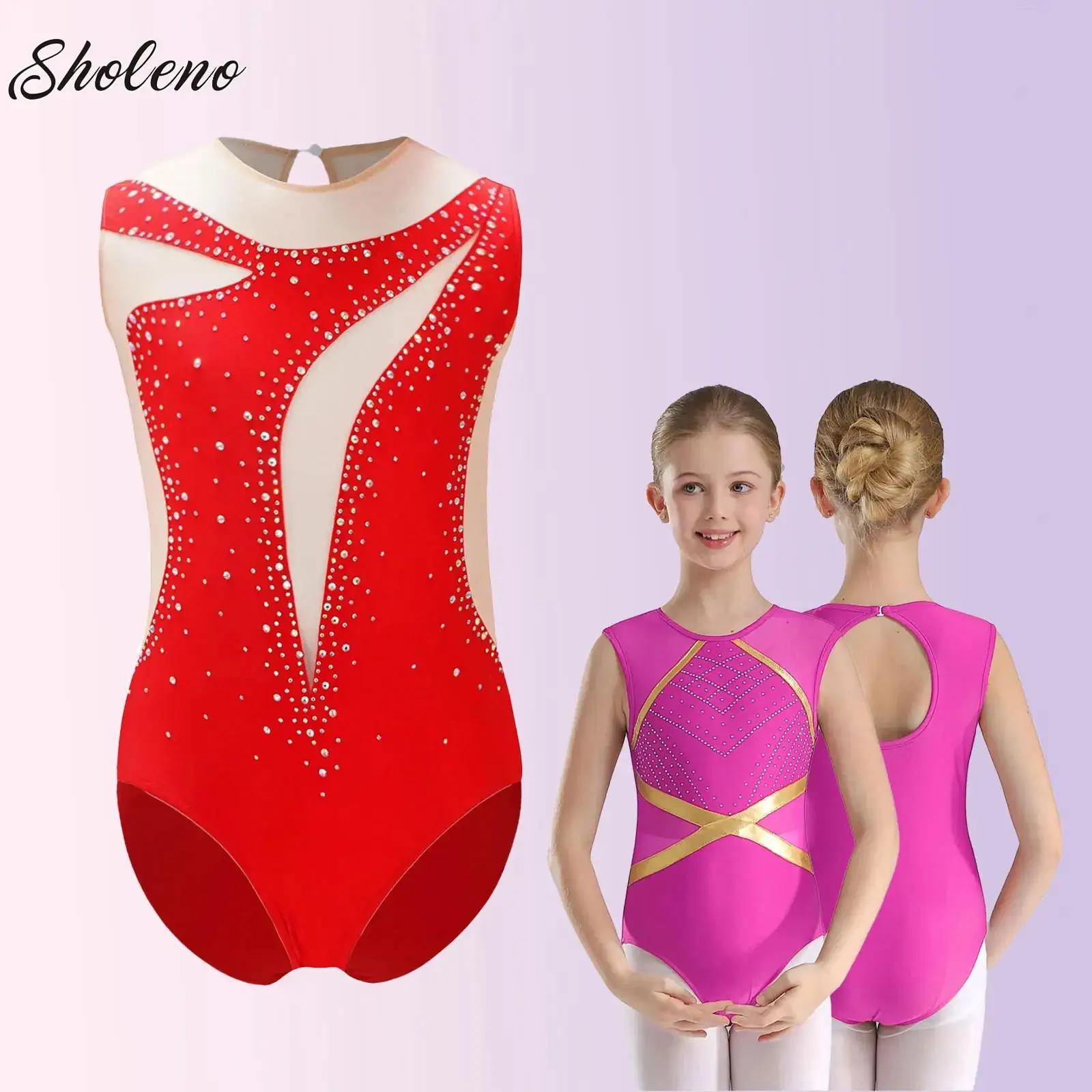 

Kids Girls Gymnastics Leotards Ballet Jersey Unitards Bodysuit Rhinestones Rhythmic Gymnastics Artistic Skating Dance Costume
