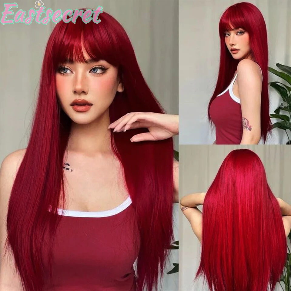 EASTSECRETSynthetic Rose Wine Red Long Straight Hair With Bangs Wig Matte High-temperature Silk Breathable And Natural In Summer