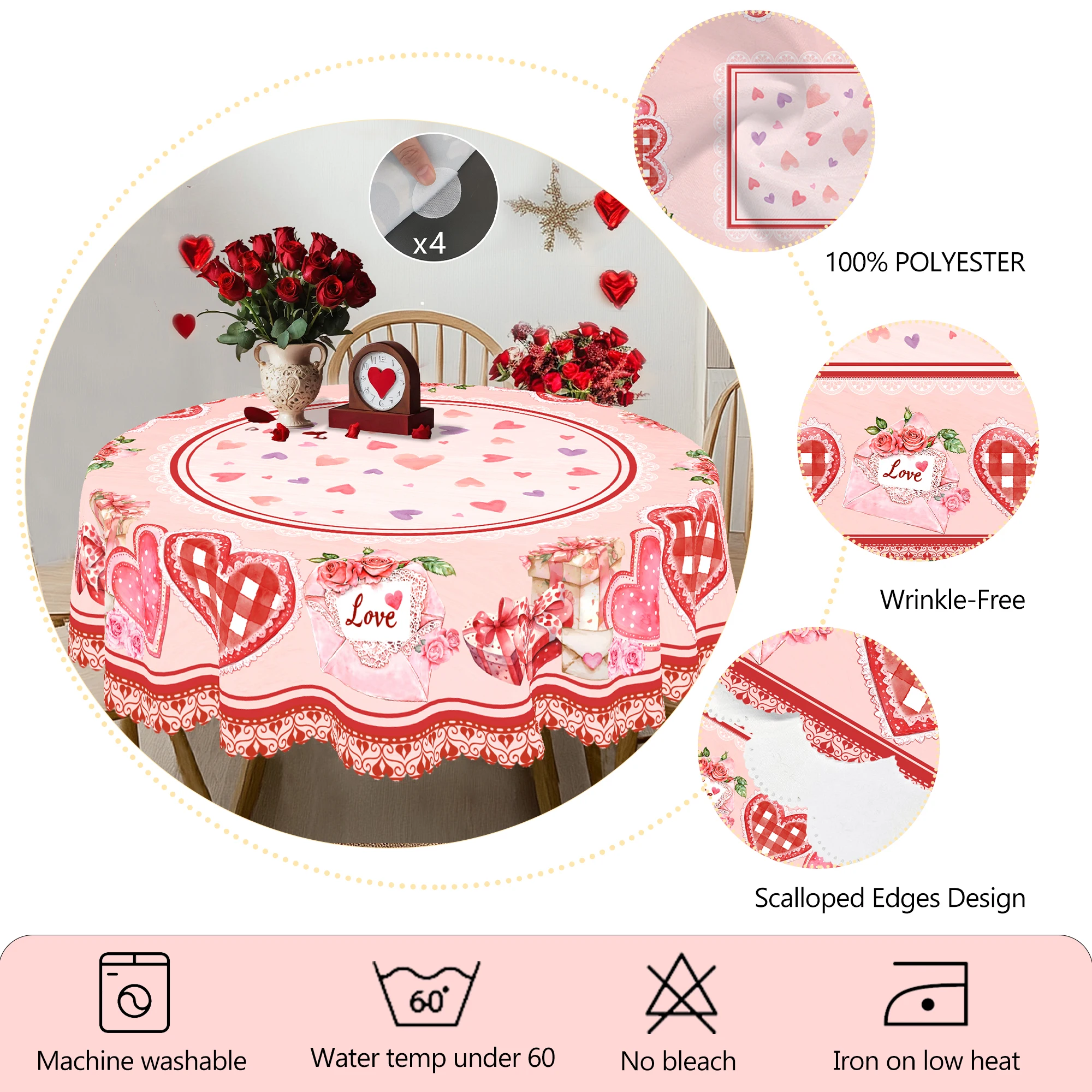 قطعة واحدة من مفرش المائدة المستدير والمستطيل لعيد الحب، متوفر في 5 مقاسات، مفرش طاولة مزخرف بطباعة التاريخ الرومانسي، يأتي مع 4 ملصقات مفرش طاولة بحافة منقوشة، ديكور مفرش طاولة للحديقة في المنزل، مناسب للاستخدام اليومي في المطبخ والفناء، هدية عيد الحب