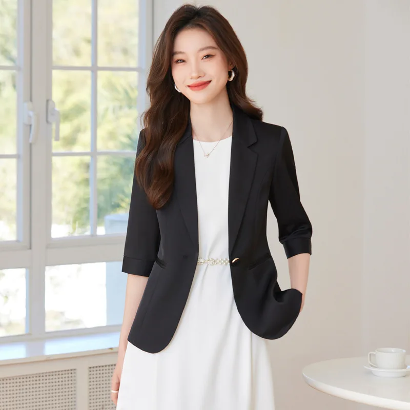 High quality blazer for women single breasted 3/4 sleeve notched collar autumn 2025 elegant fashion office clothes black white