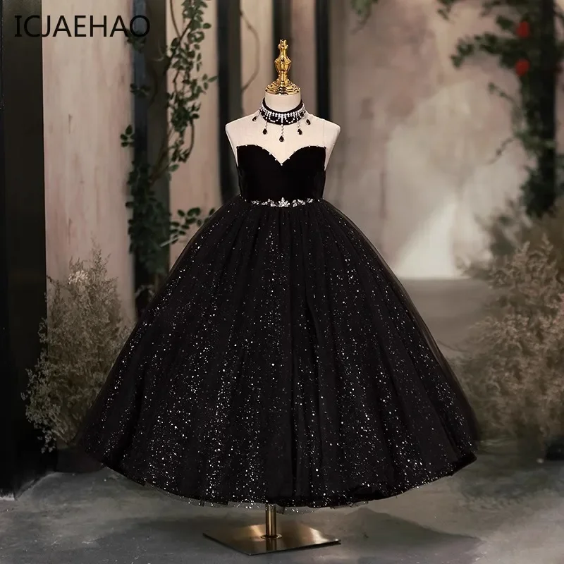 ICJAEHAO 2024 Girls Noble Fashion Evening Long Dress Elegant Party Sequin Clothes Sleeveless Black Gala Costume for Children