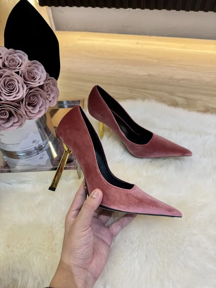 

Pink velvet high-heeled shoes for women, new slim heel 10cm, not tiring foot temperament, pointed single shoes