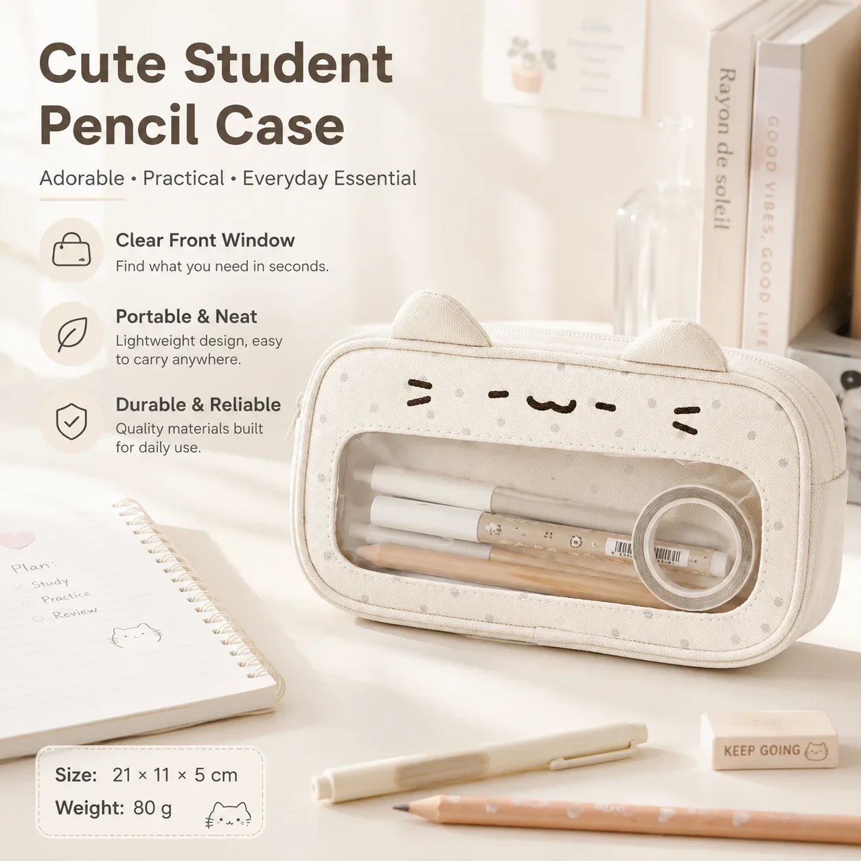 Cute Cat Face Pencil Case, Large Capacity Stationery Pouch with Cartoon Design for School Students