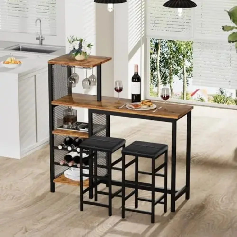 Bar Table and Chairs Set for 2, 3-Piece Dining Set with Storage Shelves, Cup Holder & Wine Rack, PU Leather Cushion image 3