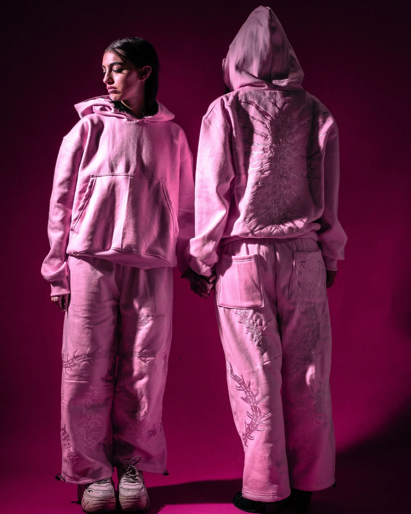 

Pink and Black Two-color Lazy Style Sweatshirt and Sweatpants Couple Suit Hooded Jacket Casual Daily Sports Straight Trousers