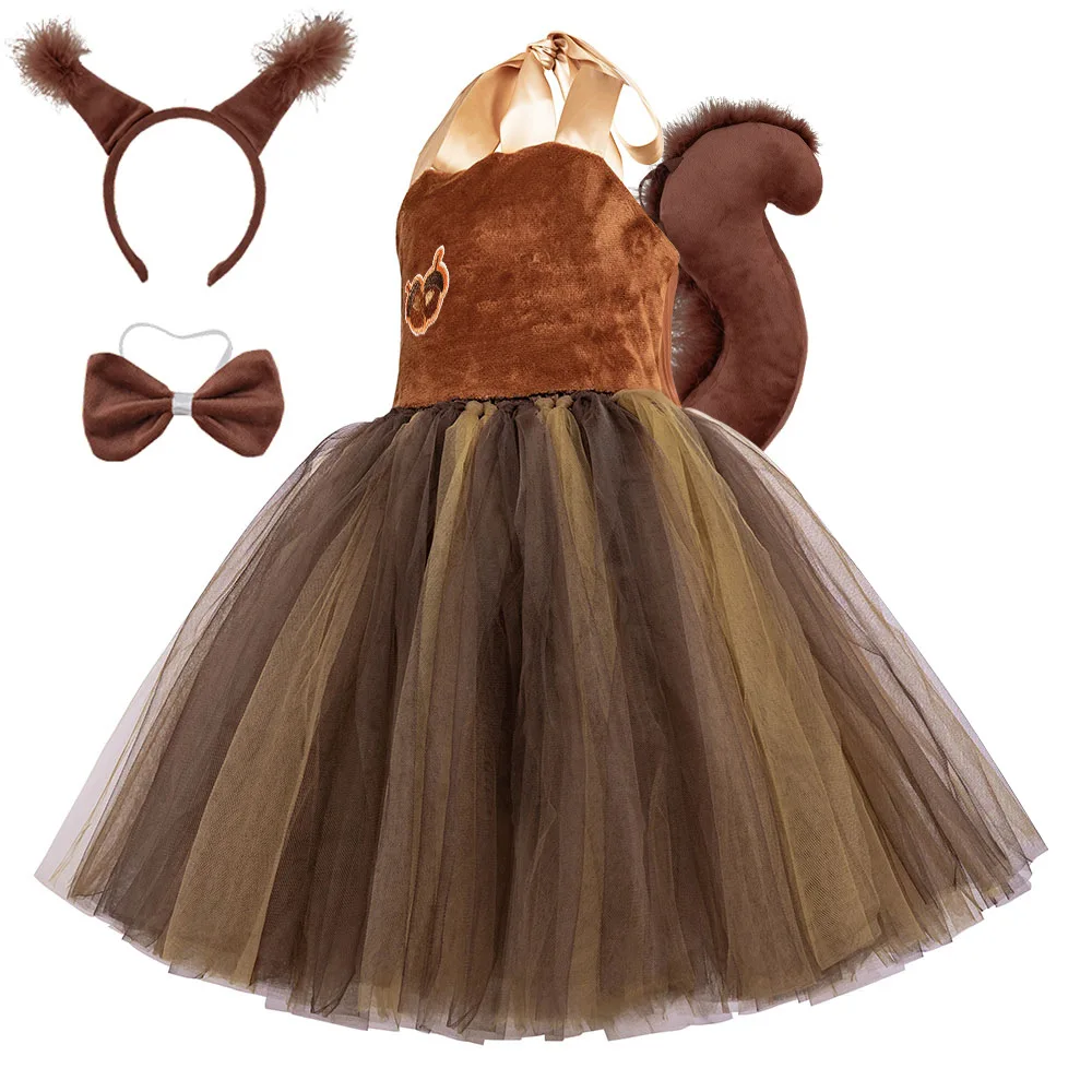 Squirrel Animal Tutu Dress Cartoon Forest Outfit Handmade Tulle Gown Halloween Party Attire Stage Performance Fluffy Mesh Skirt