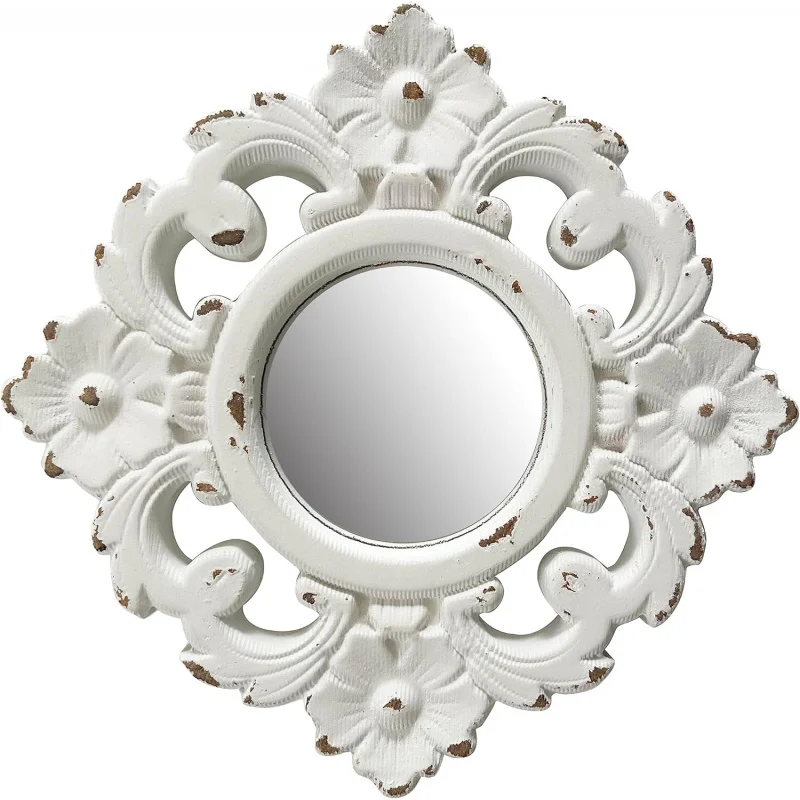 

Handcarved Floral Wall Mirror Decoration, 11.8-inch Worn-Out White Country Wood Mirror, Used Room Decoration, Home Decoratio