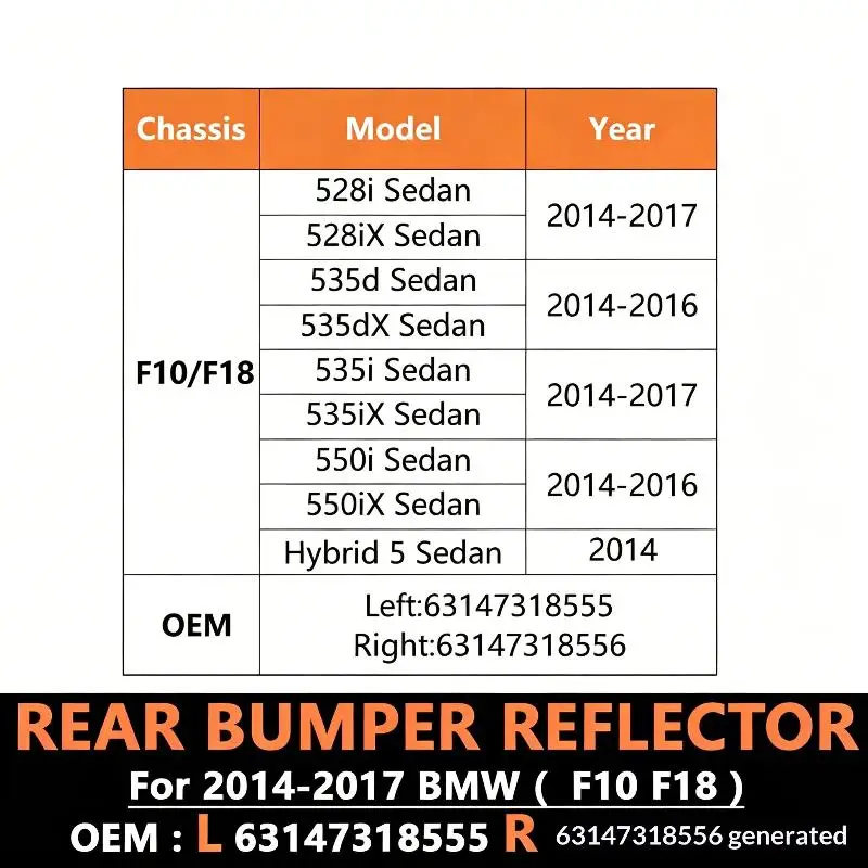 For 2014 To2017 F10 F18 Auto Replacement Rear Bumper Reflector High Visibility