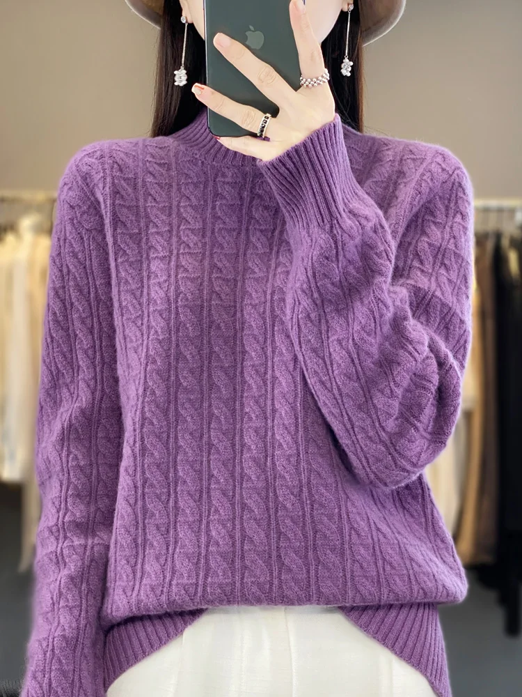 Autumn Winter Women Pullovers 100% Merino Wool Sweater Thick Warm Mock Neck Twist Casual Cashmere Knitwear Korean Fashion Tops