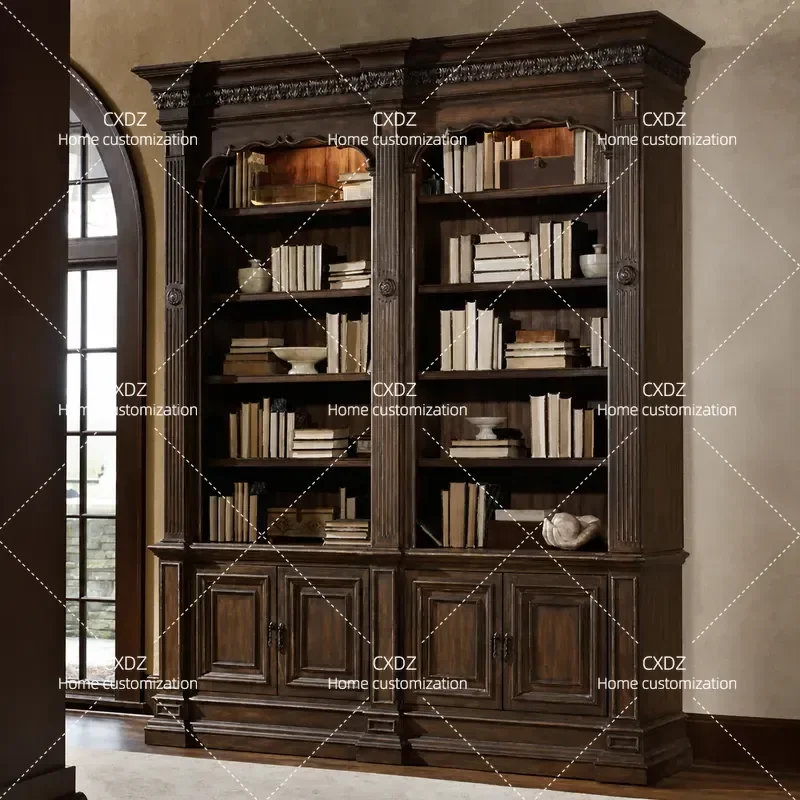 Retro Solid Wood Carved Flower Ladder Bookcase High End Villa Study Custom Combination Large Display Cabinet Storage Shelf