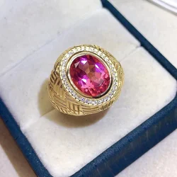 18K Yellow Gold Plating Luxury Man Ring Solid 925 Silver Pink Topaz Ring for Man 9mm*11mm 4ct Natural Topaz Jewelry