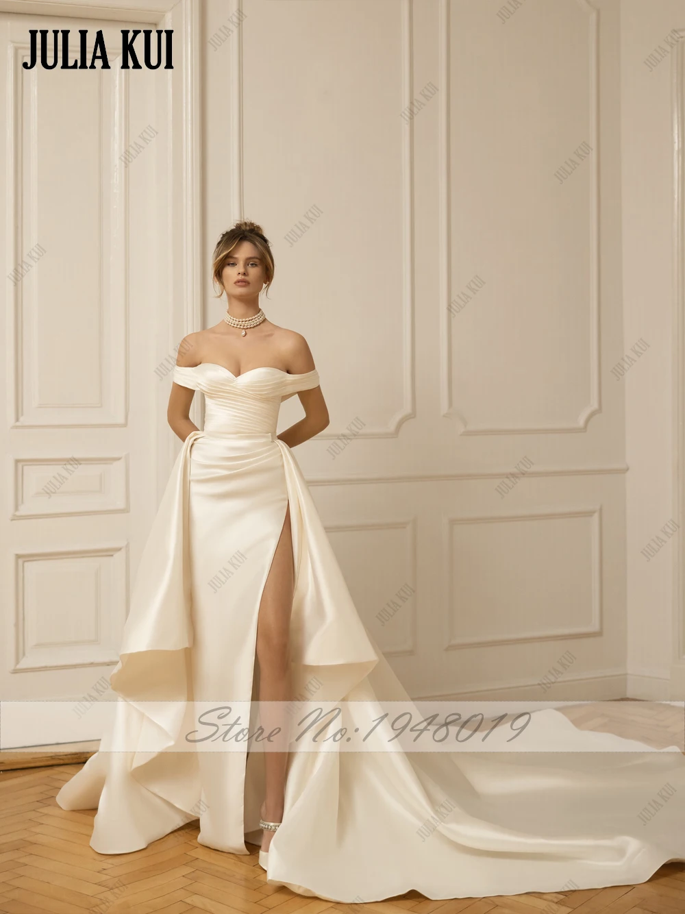 Julia Kui Perfect Ruffled Silk Sheath Gown With A Ball Overskirt Ruched Pleats Off Shoulder Sleeves 2 In 1 Bridal Gowns