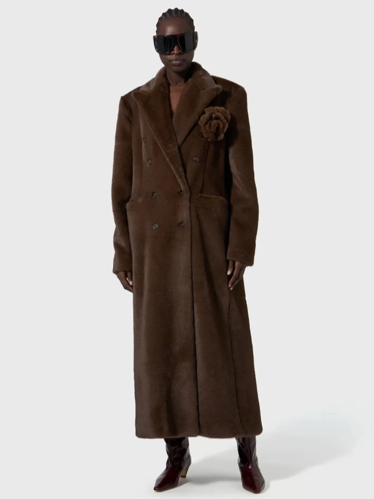 

Winter Sexy Lapel Neck 3D Flower Patchwork Pockets Long Coat Women Brown Long Sleeves Floral Double Breasted Jacket Evening