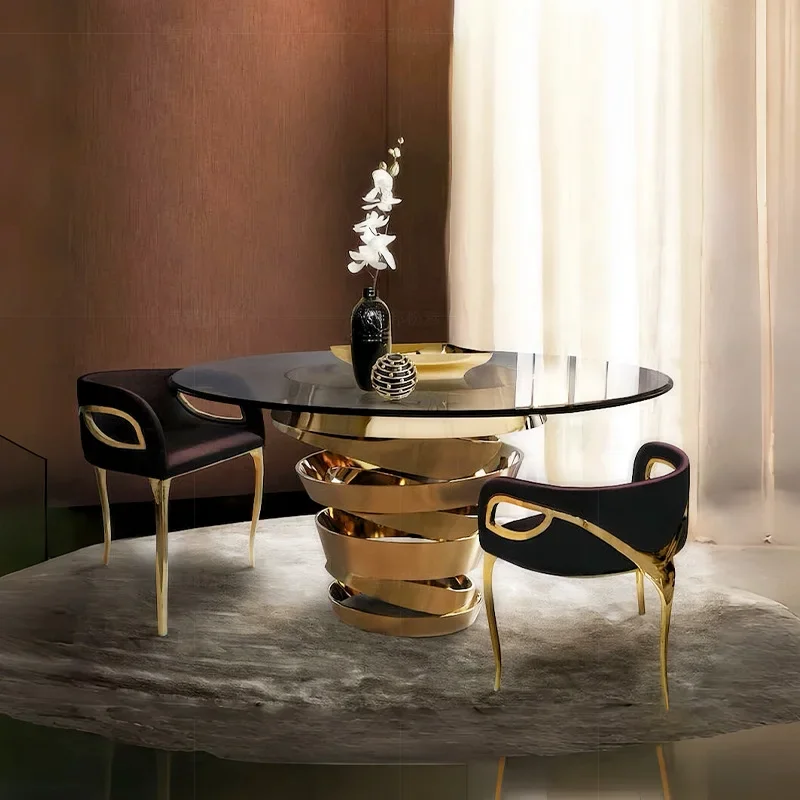 Italian Light Luxury Glass Dining Table Restaurant Home Villa Modern Design Advanced Sense Creative Round Stainless Steel Dining