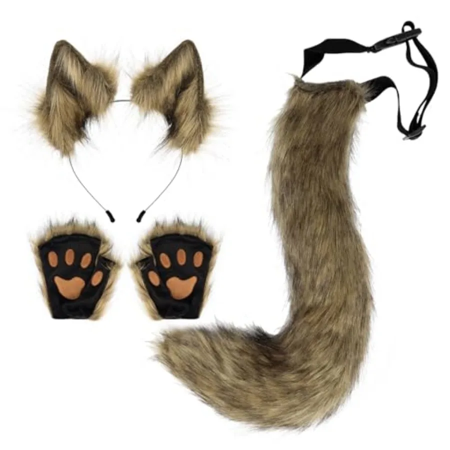 

Faux Fur Wolf Ears Headband Tail and Paw Gloves Set Cosplay Halloween Costume Accessories