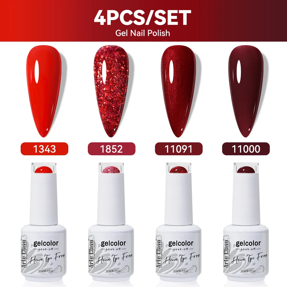 Arte Clavo 4Pcs Red Gel Nail Polish Set HEMA TPO Free 15ml Soak Off UV LED Gel Varnish Glitter Red Wine Nail Art Manicure Kit