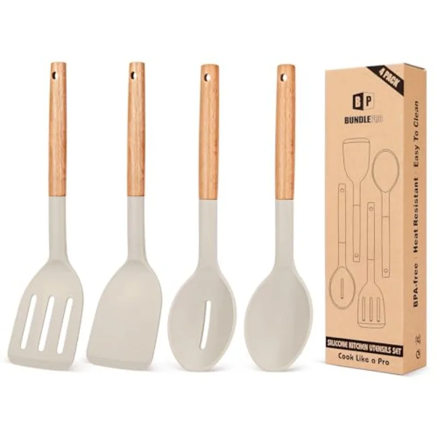 

Pack of 4 Silicone Cooking Utensils Set, Non Stick Solid Spatulas and Heat Resistant Slotted Spoons with Wooden Handle, Ideal W