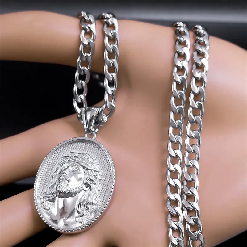 Crown of Thorns Jesus Medal Christian Men's Necklace 316 Stainless Steel Korean Silver Color Pendant Religious Necklaces Jewelry