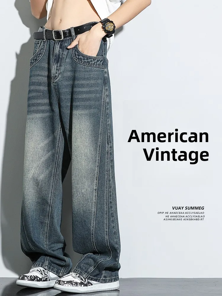 

Мужские джинсы в стиле ретро, летние, свободные, прямого кроя, скрывающие недостатки фигуры, американские повседневные длинные брюки из хлопка, молодежный стиль
