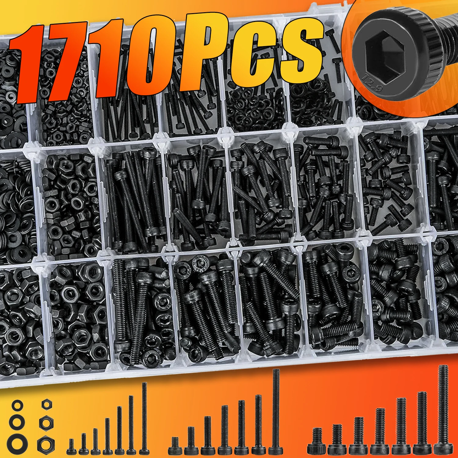 1710Pcs 12.9 Grade Alloy Steel Socket Head Screw Kit - M2 to M4 with Nuts & Washers - Black Oxide Rust-Resistant 21 Sizes 4-30mm