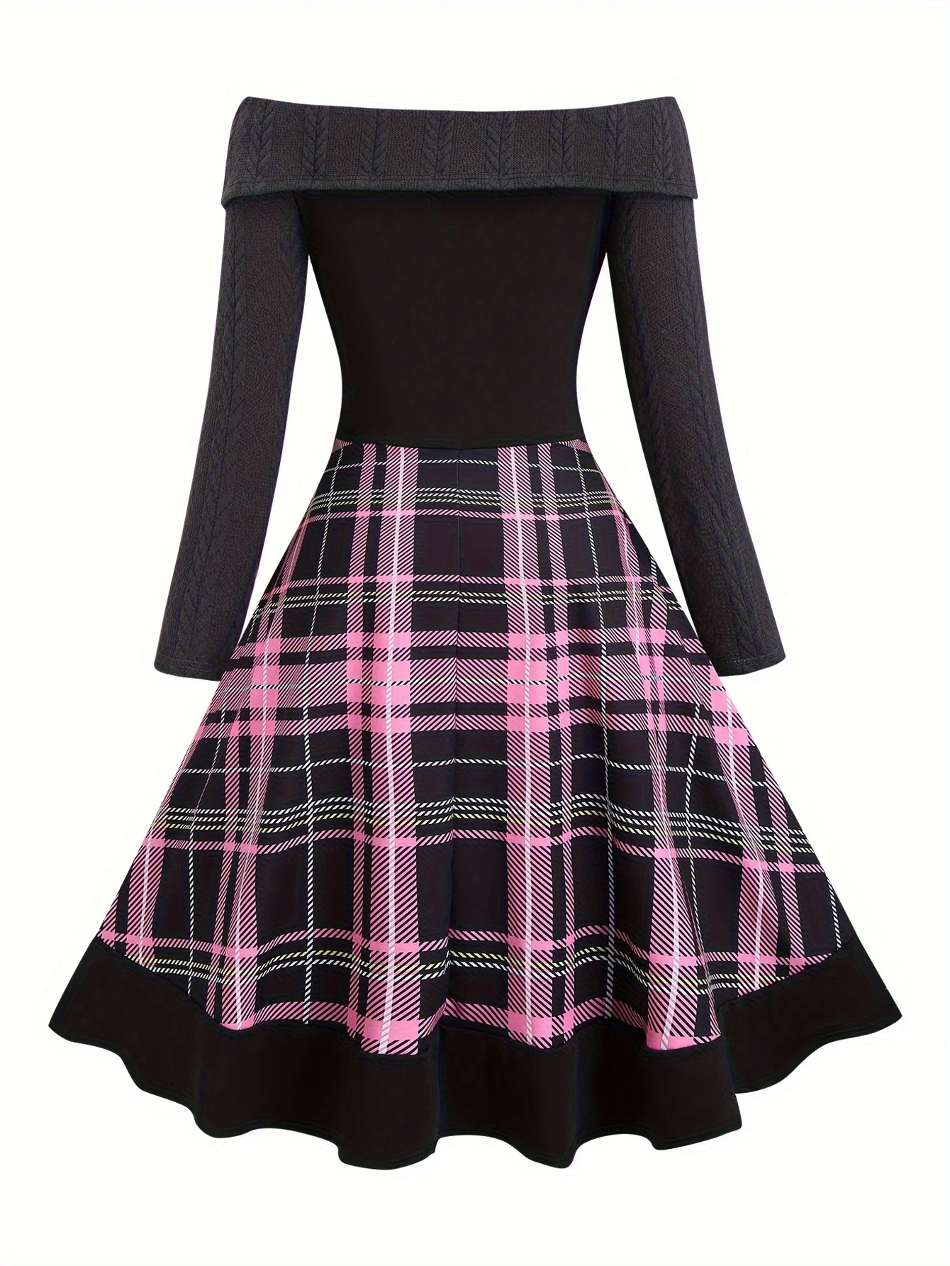 Ein Retro-Kariertes Schulterfreies Strickkleid für Damen Herbst und Winter in Größe 2025 – Detail 3
