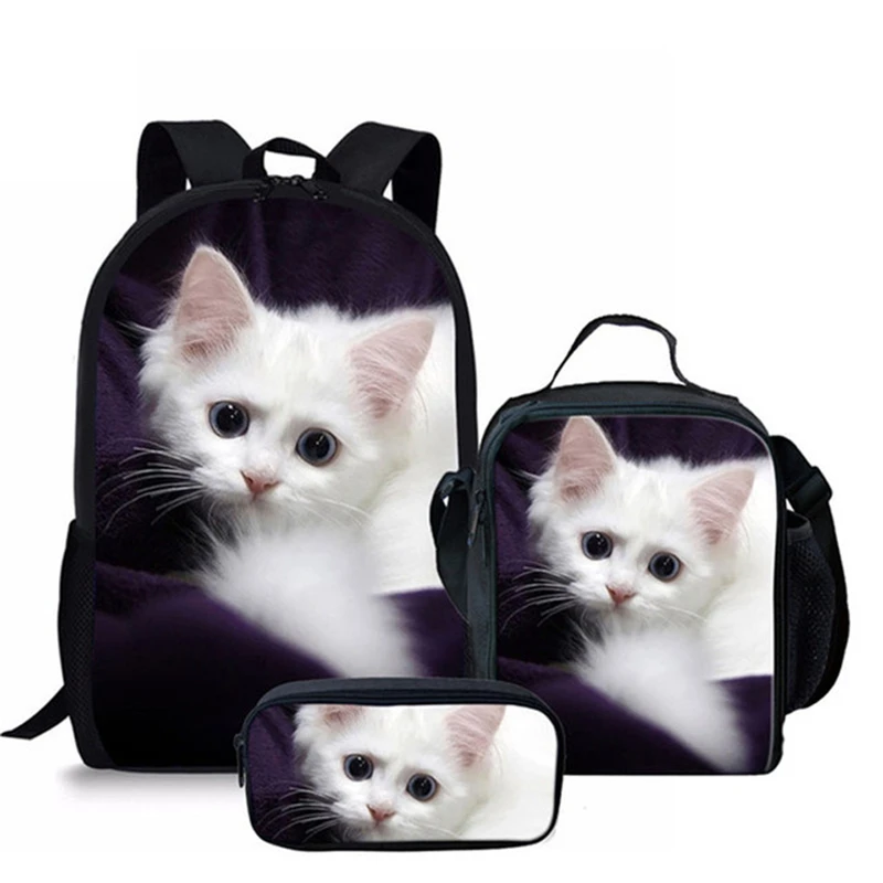 Cartoon Youthful Novelty Funny Kitten Cat 3D Print 3pcs/Set Student Travel bags Laptop Daypack Backpack Lunch Bag Pencil Case