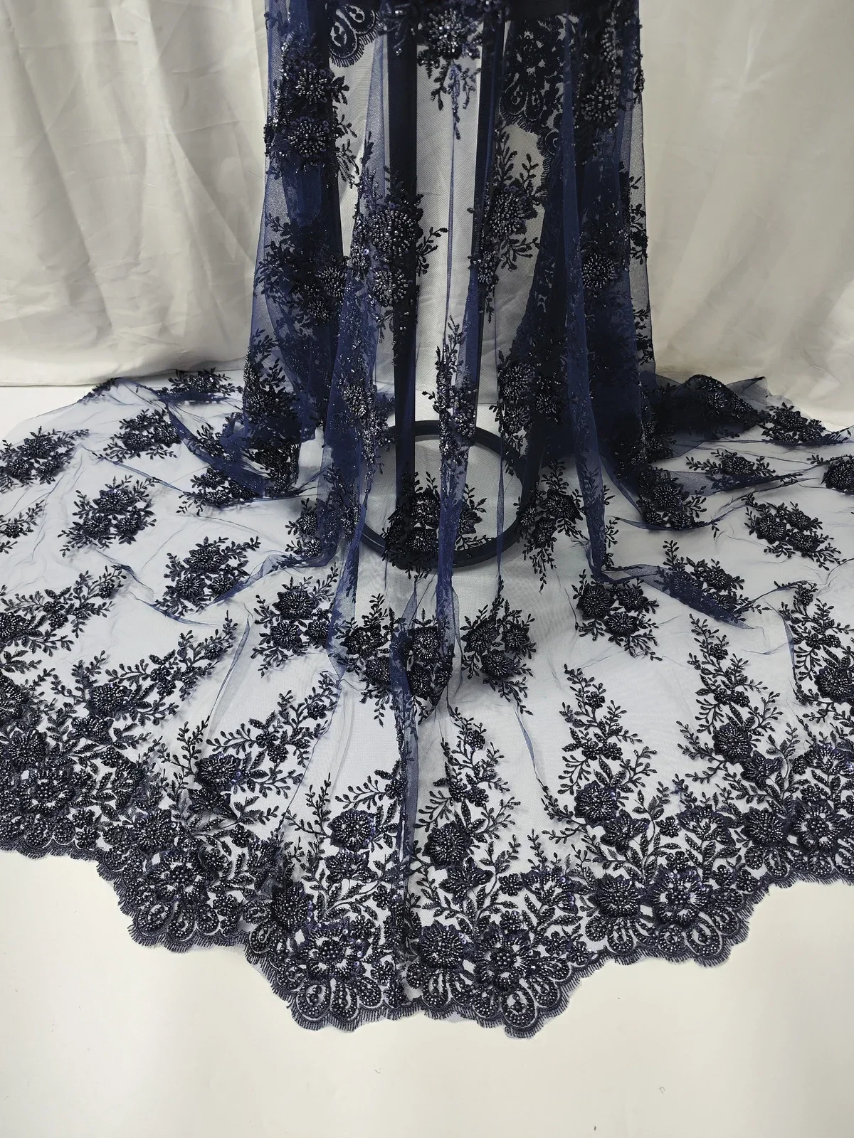 Latest Royal Blue Beaded French Sequins Lace Fabric 2023 Luxury African Nigerian Tube Beads Lace Fabric For Evening PWH23104A