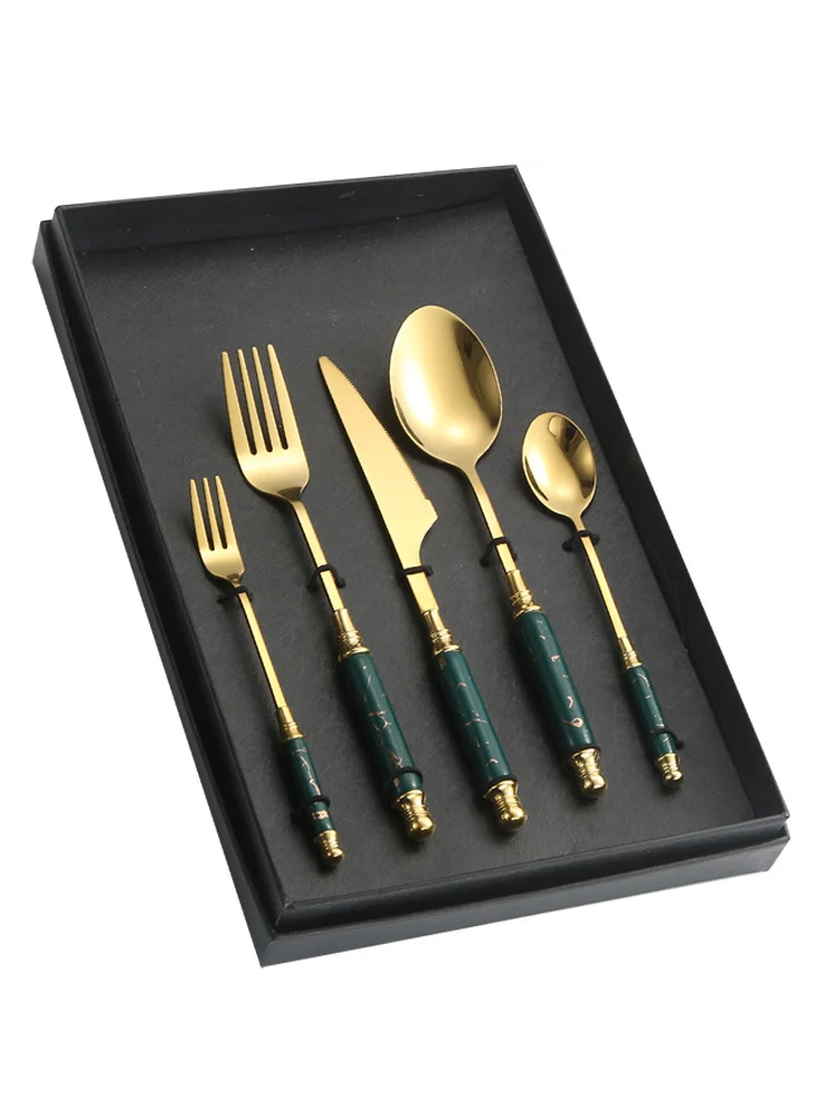 

Luxury Cerc Handle Stainl Steel Cutlery Set Dert Spoon Fruit Fork Gift Box Western Dining Utensils Ele Sle