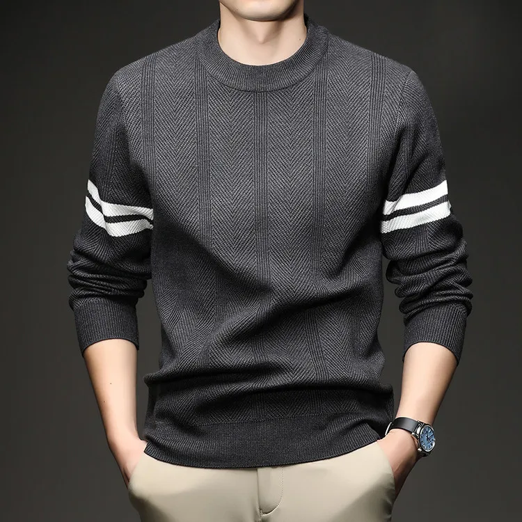 

Корейский мужской вязаный джемпер с круглым вырезом, в полоску, из смесовой шерсти, теплый, для повседневной носки, модный, для прогулок