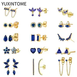 925 Sterling Silver Needle Royal Blue Crystal Stud Earrings for Women Luxury Heart Piercing Earrings Fashion Jewelry Pendientes
