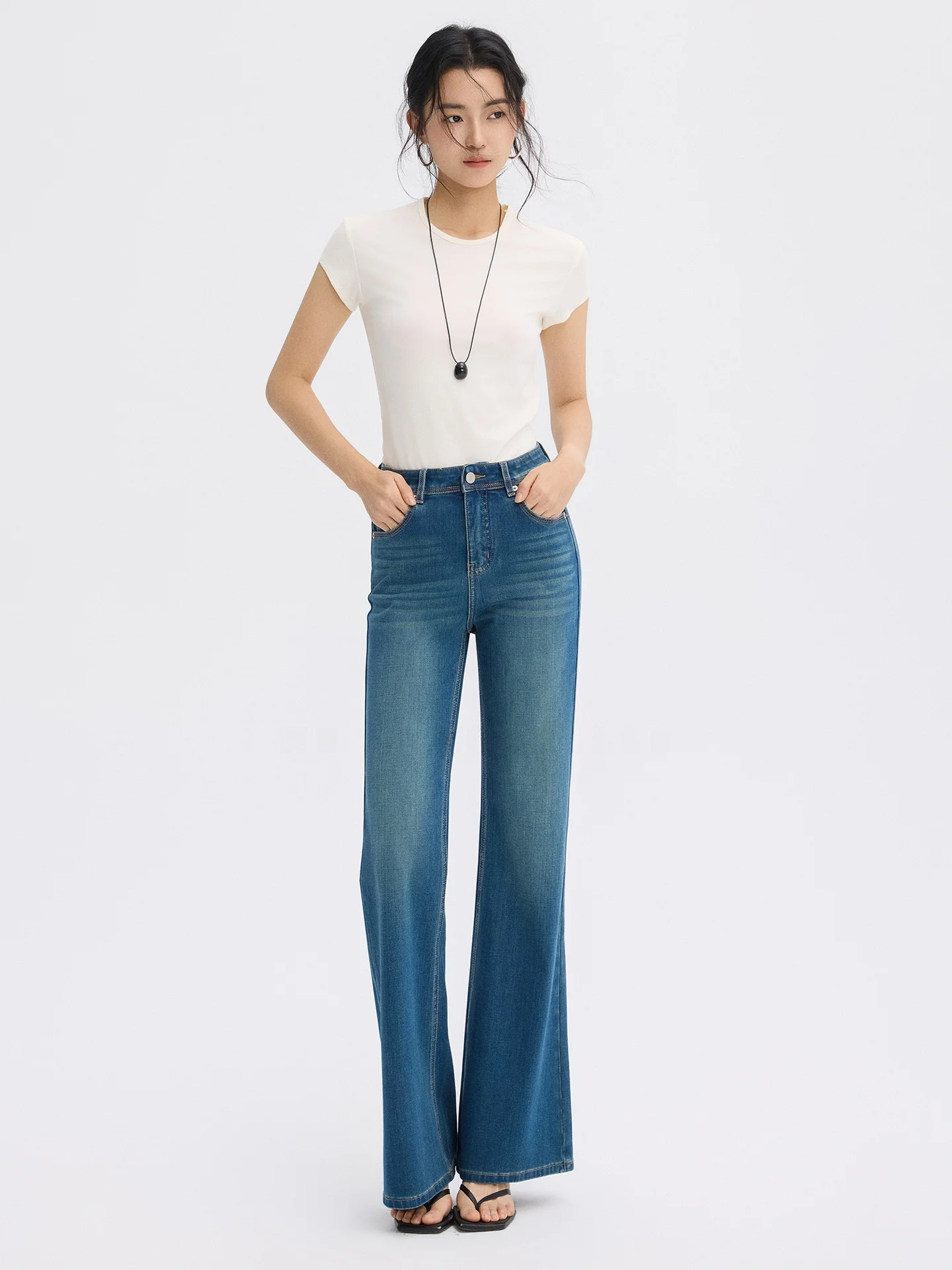 

Retro Blue Bell Bot Jeans Women's Small Size Spring New High Waist Elastic Slimming Flared Denim Pants MS.ROELLE