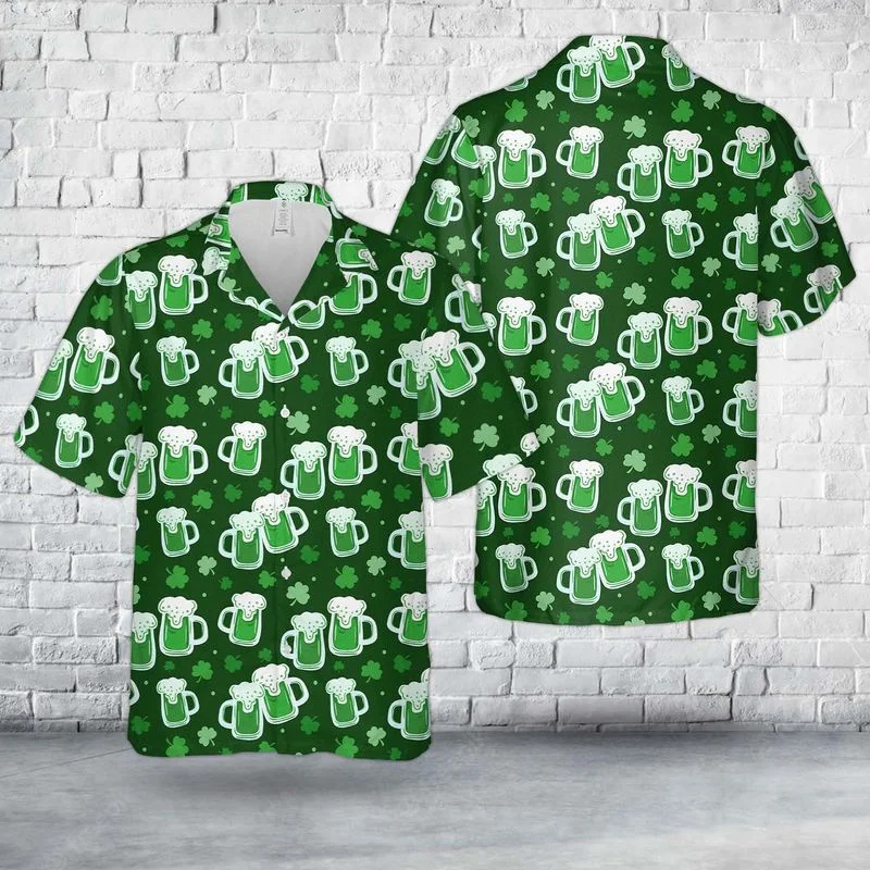

St. Patrick's Day Hawaiian Shirt For Men 3D Printed Beer Shirts Street Spring Loose Short Sleeves Tops Holiday Button Blouse